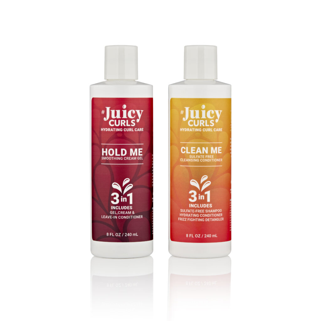 Juicy Curls Clean Me cleanser and Hold Me cream gel combo for curly hair